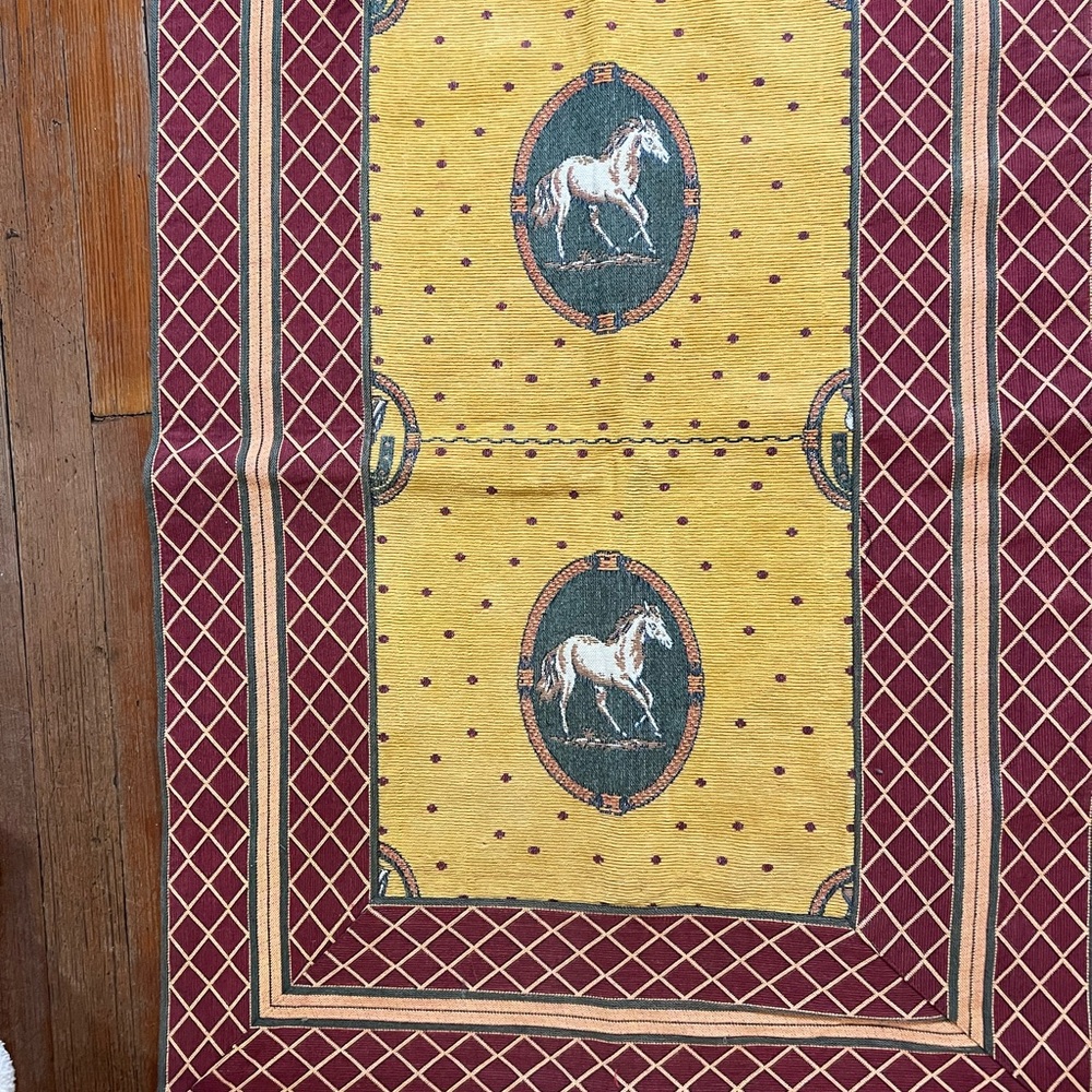Elegant Horse Print Rug in Burgundy and Yellow